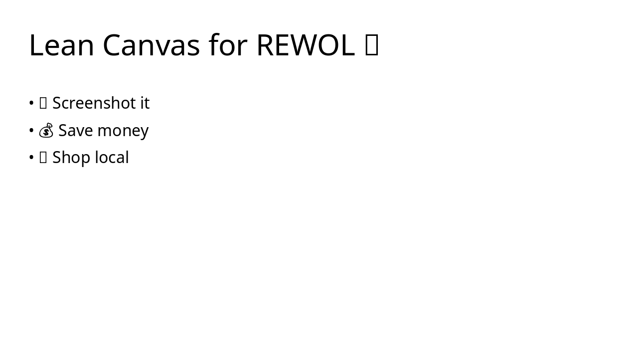REWOL Lean Canvas: Screenshot to Shop Local (41 chars)