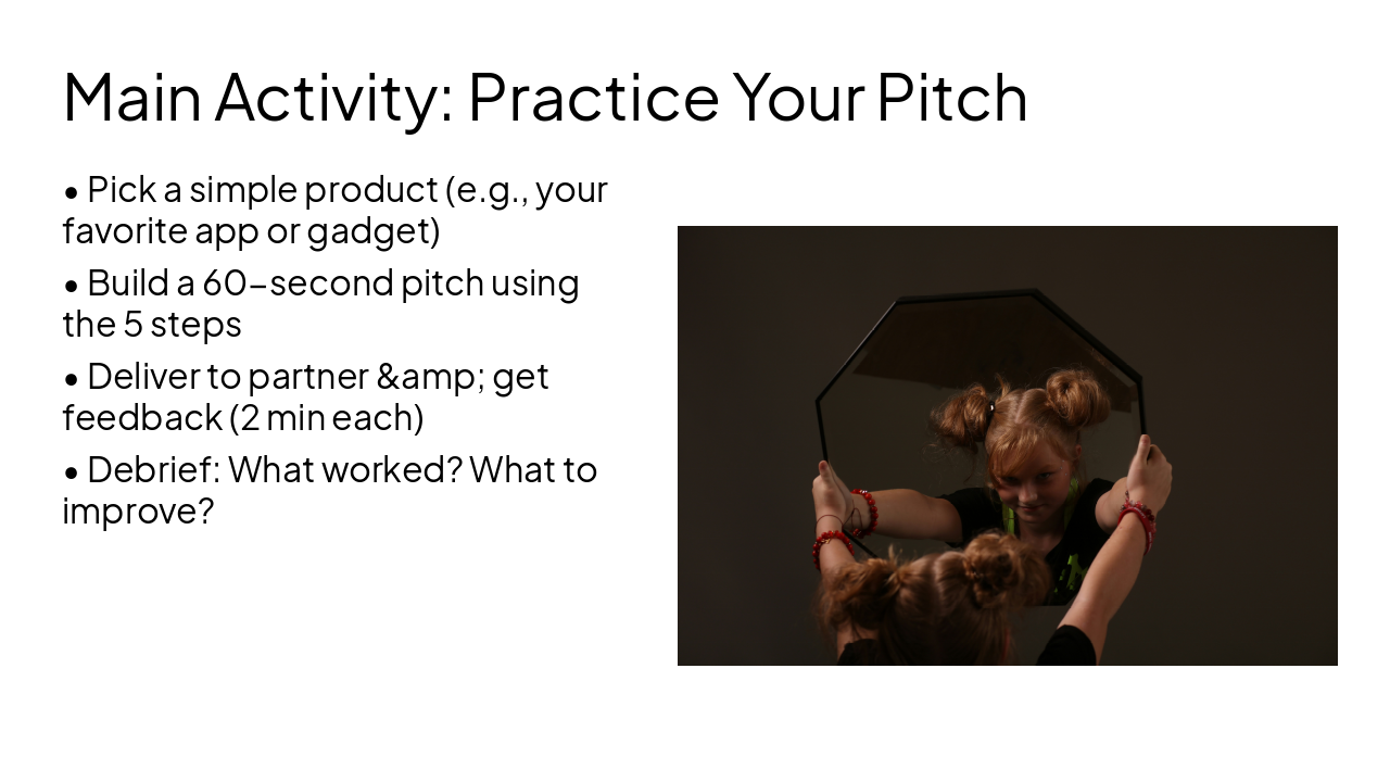 Slide 7 - Main Activity: Practice Your Pitch