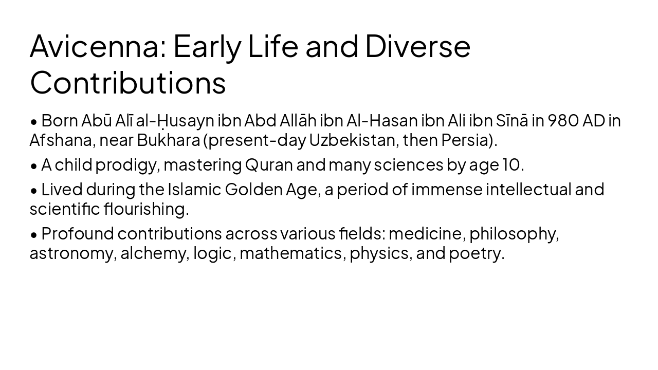 Slide 15 - Avicenna: Early Life and Diverse Contributions