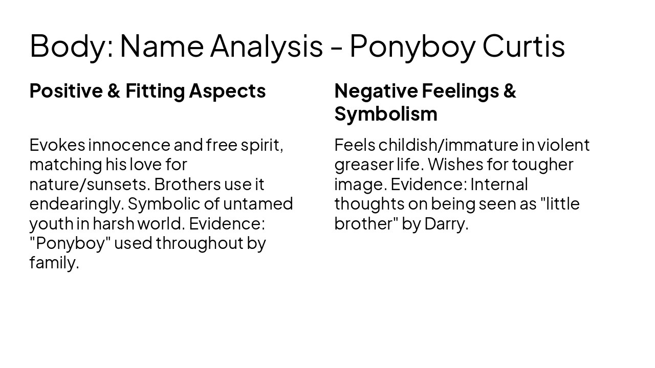Slide 8 - Body: Name Analysis - Ponyboy Curtis