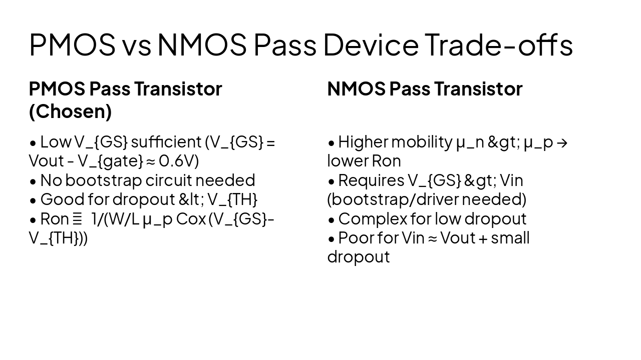 Slide 16 - PMOS vs NMOS Pass Device Trade-offs