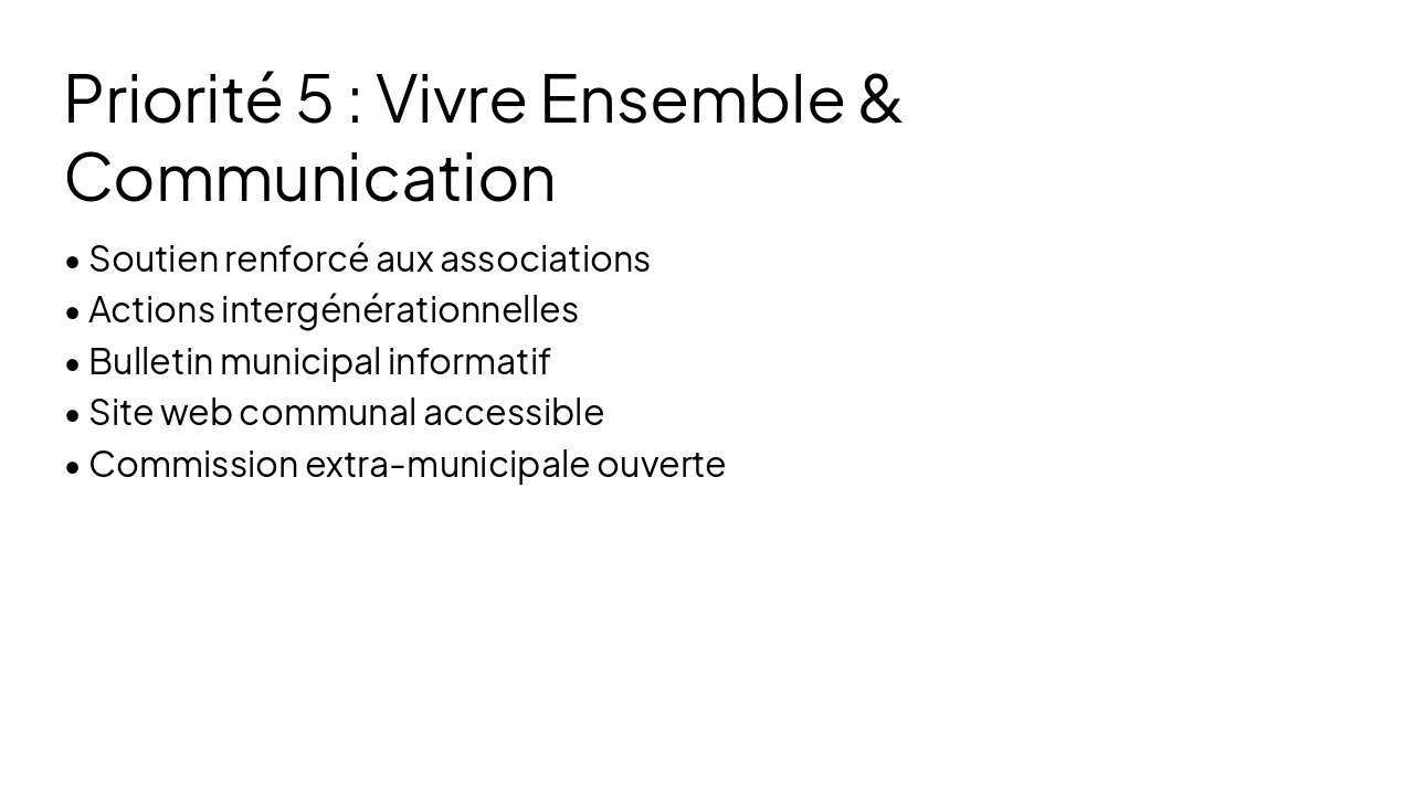 Slide 10 - Priorité 5 : Vivre Ensemble & Communication