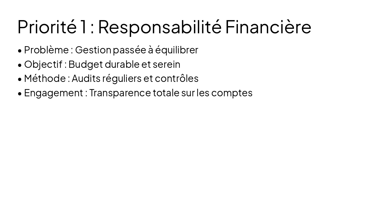 Slide 6 - Priorité 1 : Responsabilité Financière