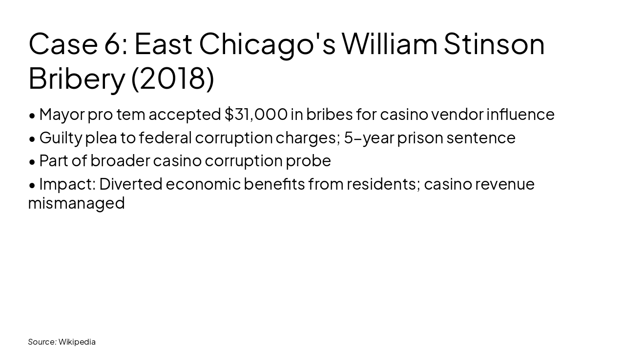 Slide 8 - Case 6: East Chicago's William Stinson Bribery (2018)