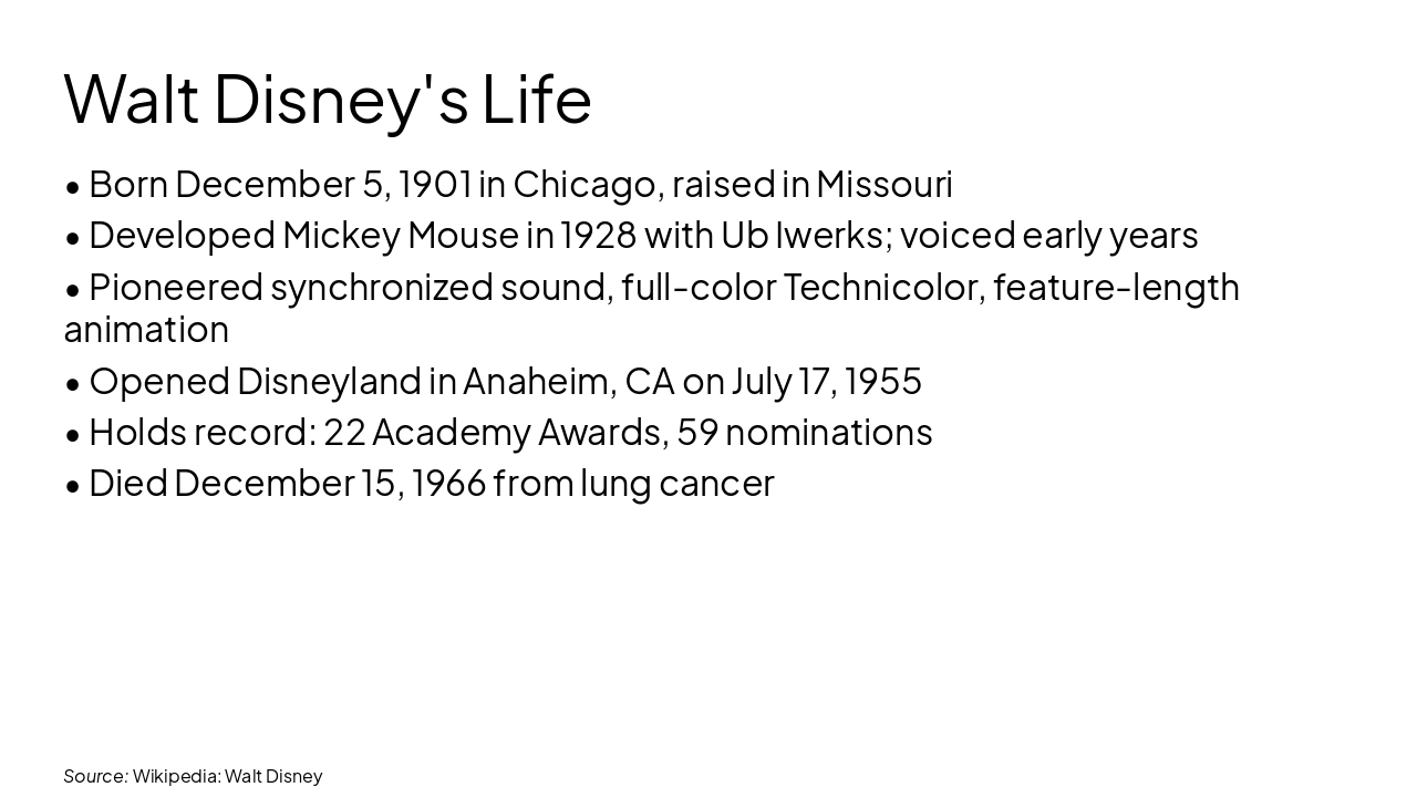 Slide 6 - Walt Disney's Life