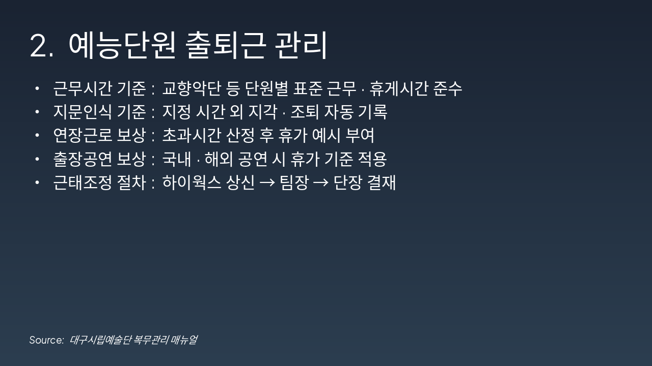 Slide 4 - 2. 예능단원 출퇴근 관리