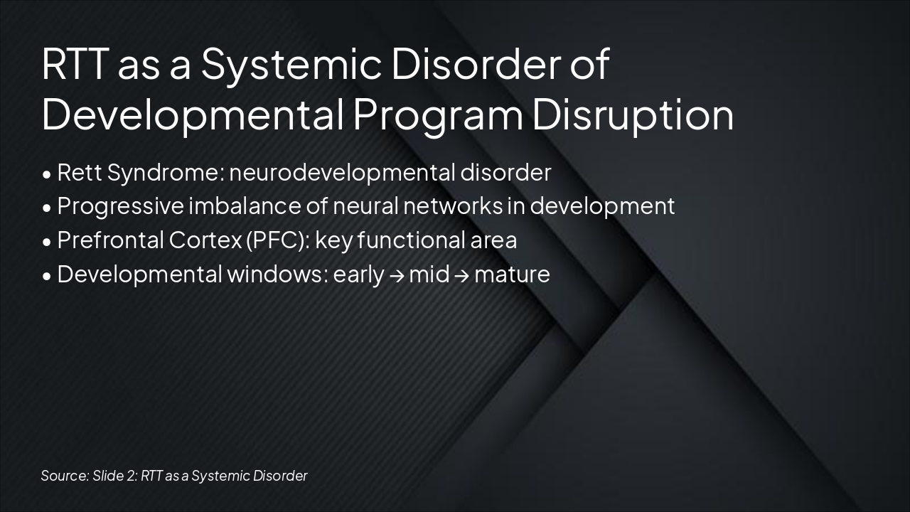Slide 2 - RTT as a Systemic Disorder of Developmental Program Disruption