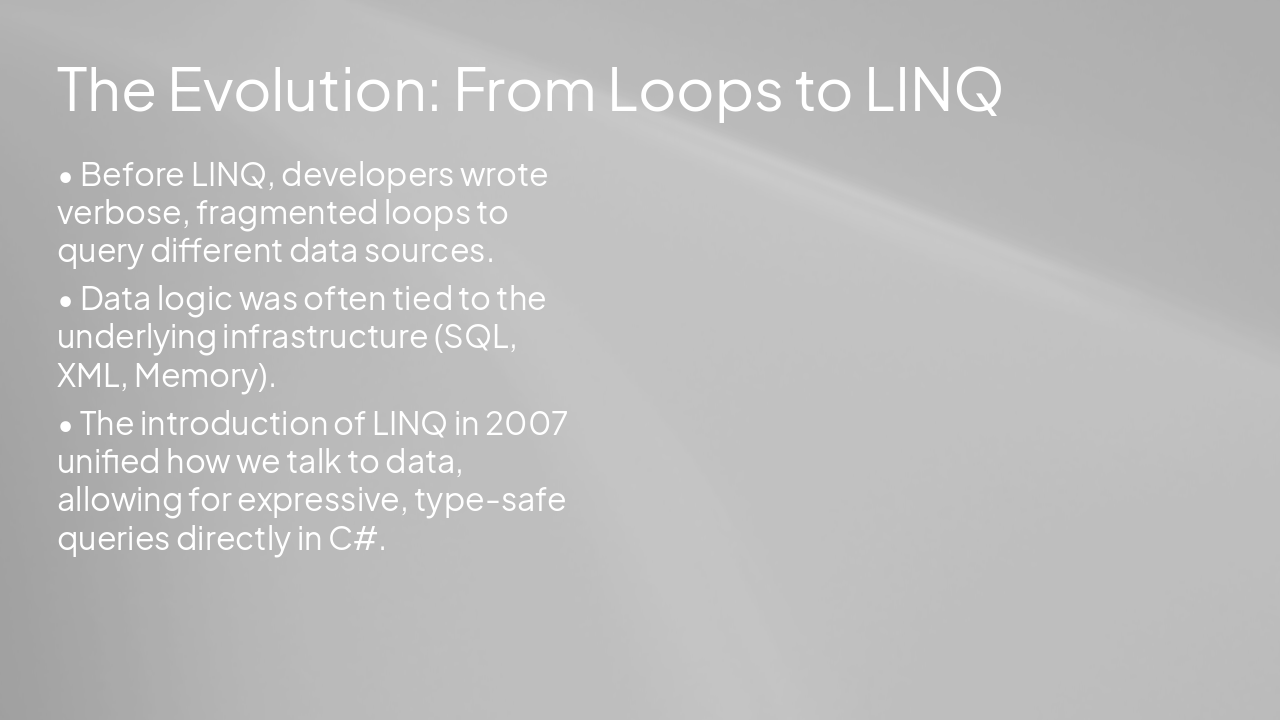 Slide 3 - The Evolution: From Loops to LINQ