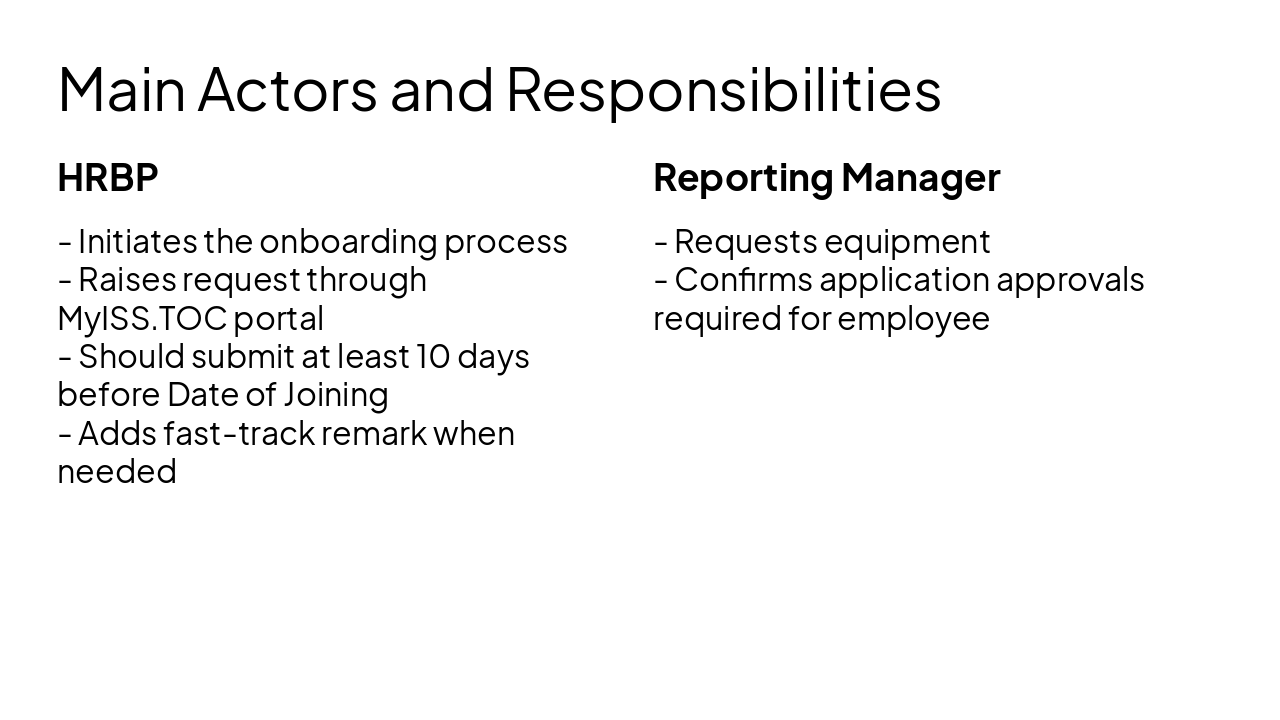 Slide 4 - Main Actors and Responsibilities