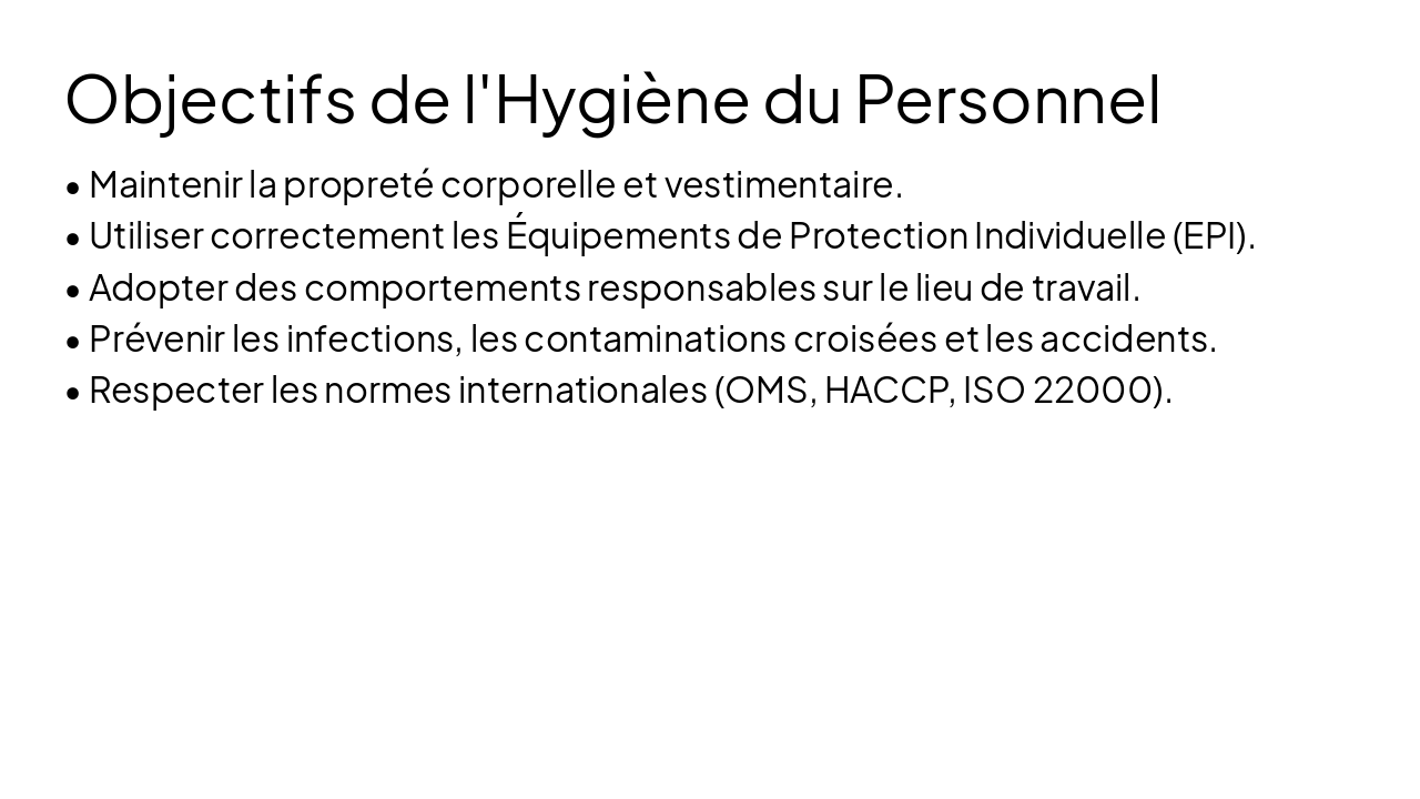 Slide 5 - Objectifs de l'Hygiène du Personnel