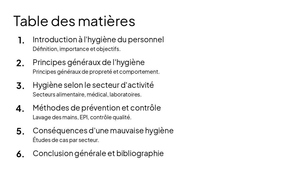 Slide 2 - Table des matières