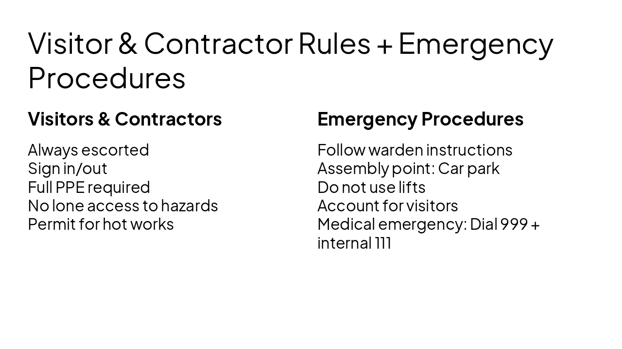 Slide 20 - Visitor & Contractor Rules + Emergency Procedures