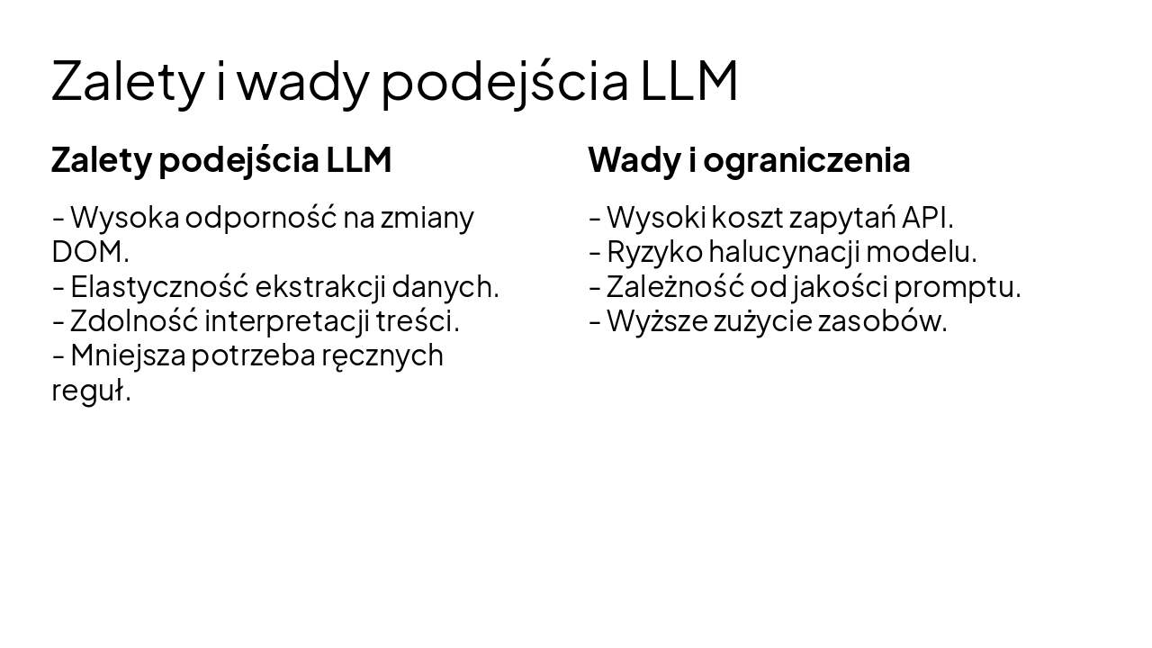 Slide 29 - Zalety i wady podejścia LLM