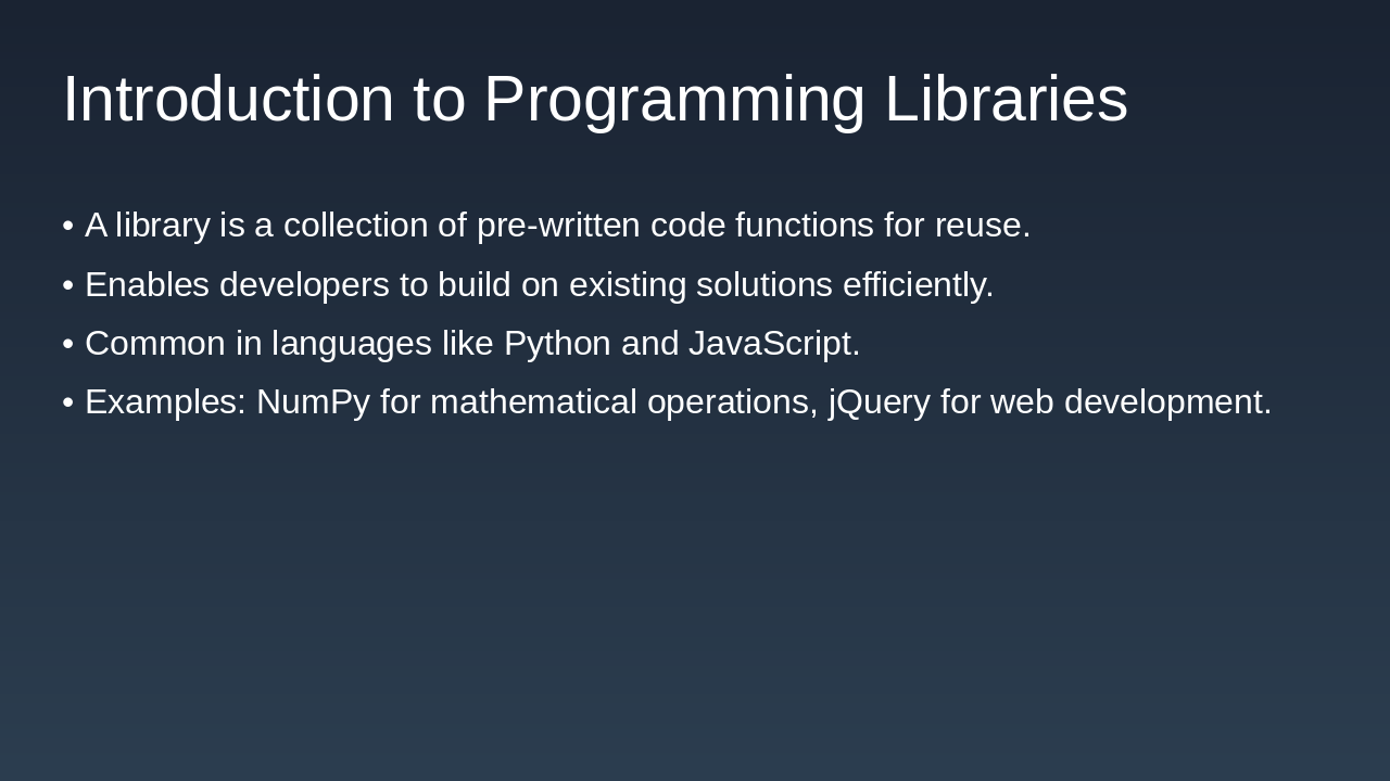 Slide 1 - Introduction to Programming Libraries