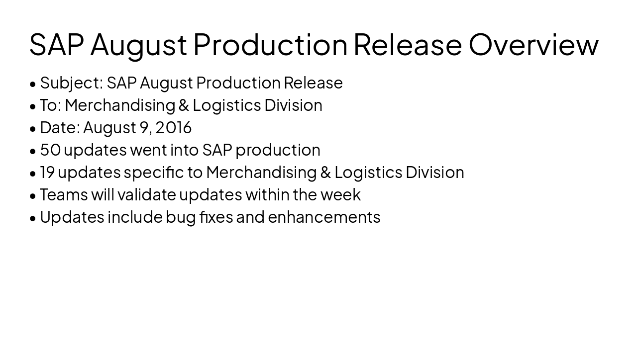 Slide 2 - SAP August Production Release Overview