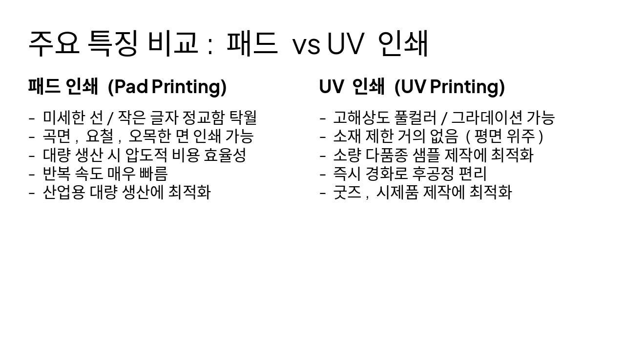 Slide 3 - 주요 특징 비교: 패드 vs UV 인쇄