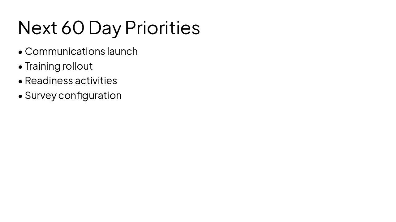 Slide 14 - Next 60 Day Priorities