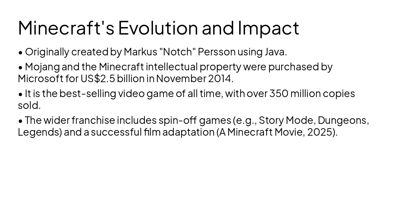 Slide 3 - Minecraft's Evolution and Impact