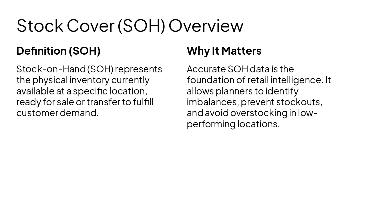 Slide 3 - Stock Cover (SOH) Overview