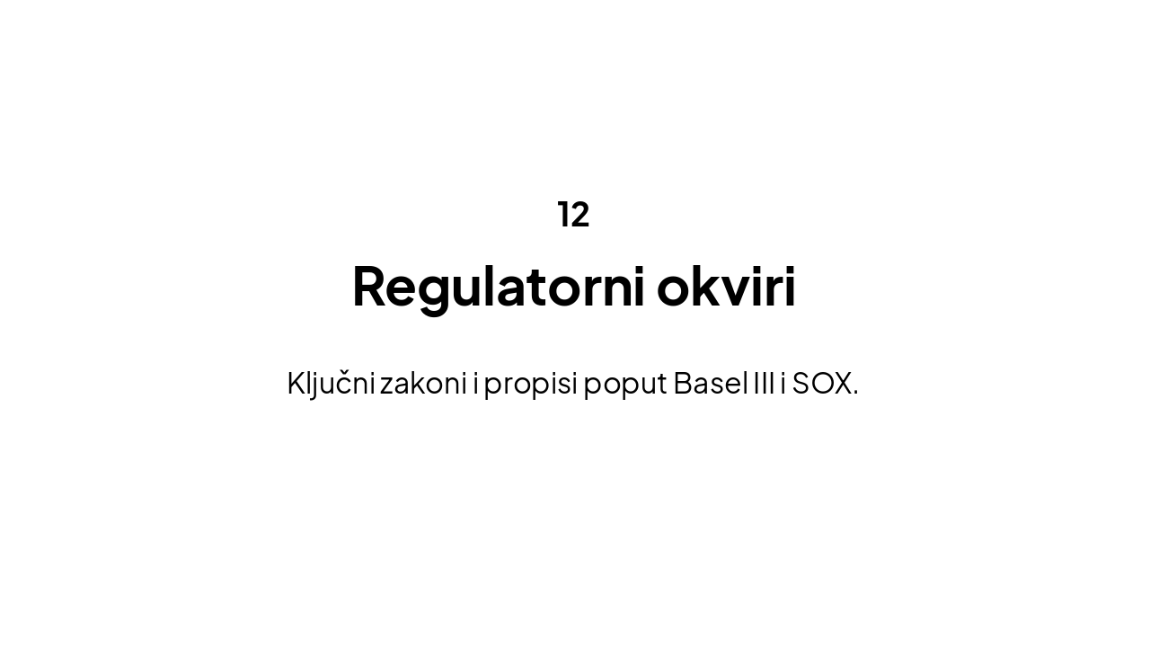 Slide 13 - Section header za novu sekciju 'Regulatorni okviri', sa section_title 'Regulatorni okviri', section_number '12', subtitle 'Ključni zakoni i propisi poput Basel III i SOX.'