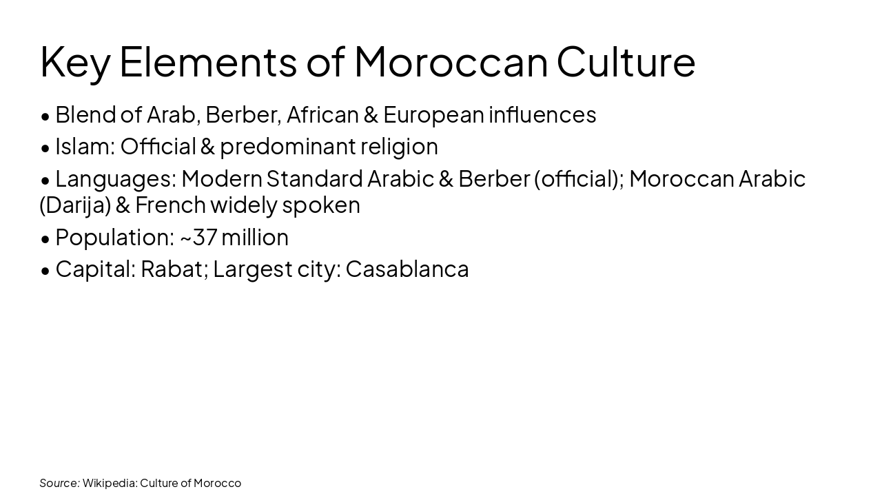 Slide 4 - Key Elements of Moroccan Culture