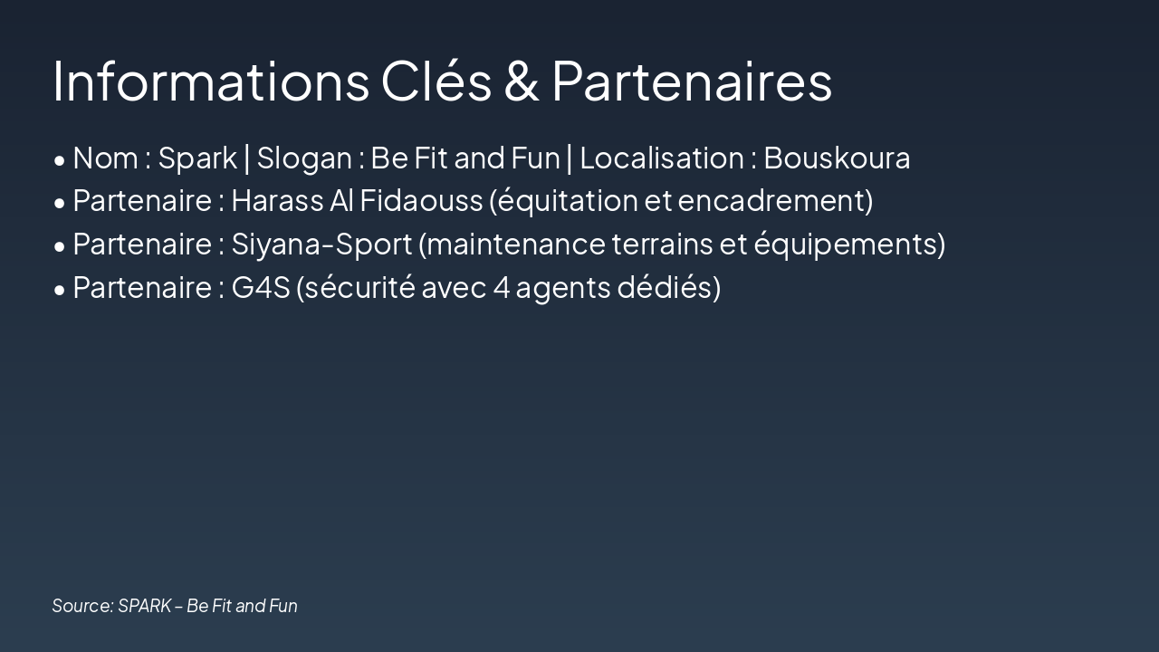 Slide 3 - Informations Clés & Partenaires