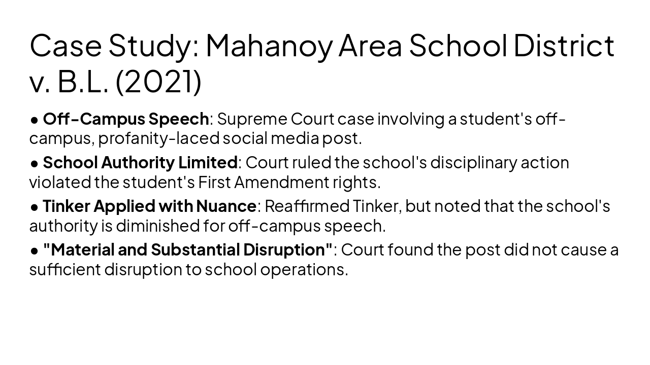 Slide 13 - Case Study: Mahanoy Area School District v. B.L. (2021)