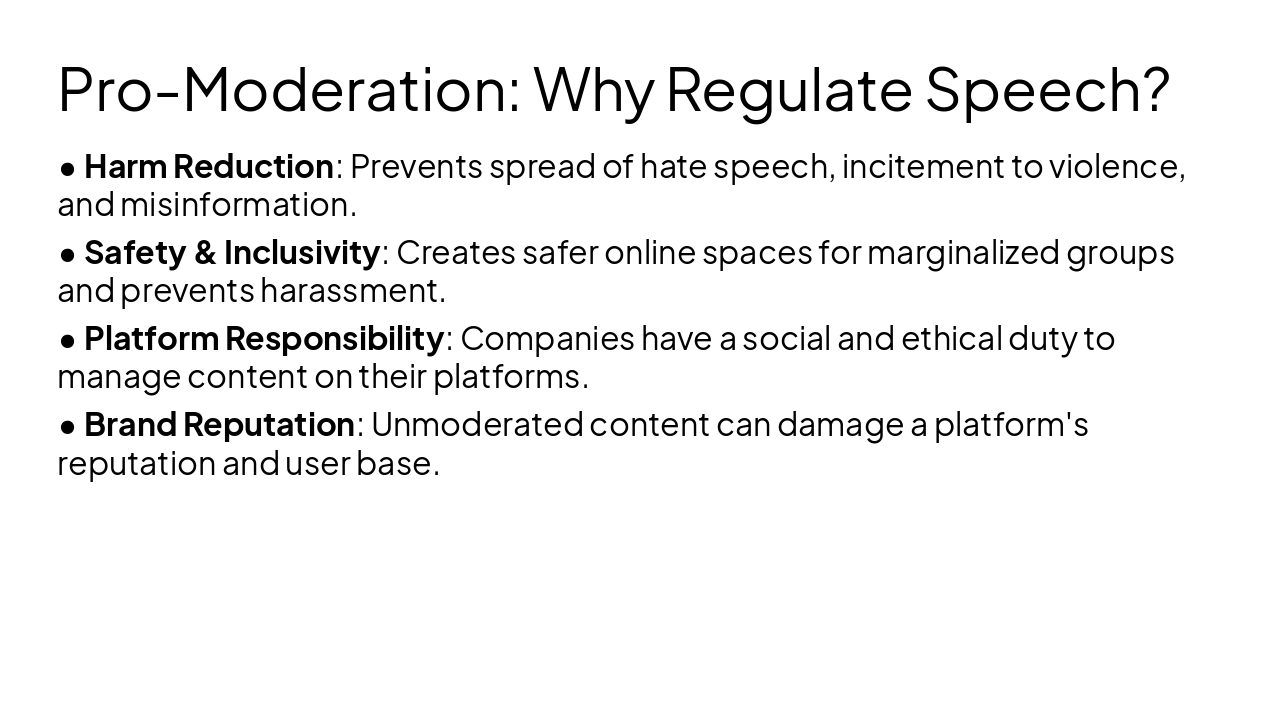 Slide 8 - Pro-Moderation: Why Regulate Speech?