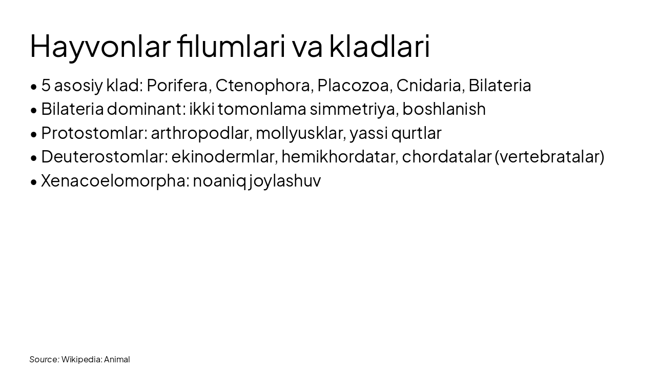 Slide 7 - Hayvonlar filumlari va kladlari