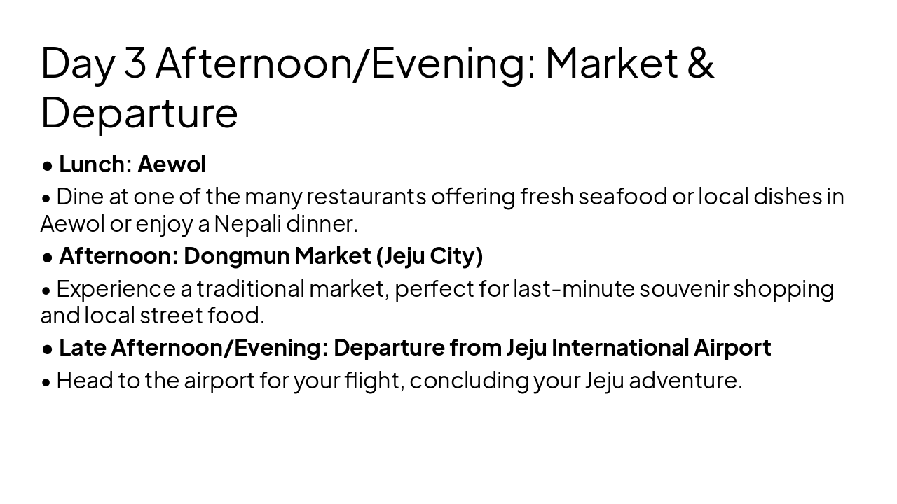 Slide 11 - Day 3 Afternoon/Evening: Market & Departure