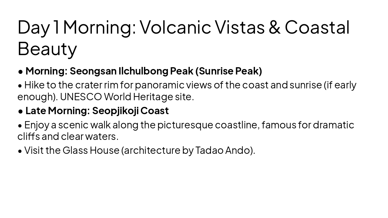 Slide 4 - Day 1 Morning: Volcanic Vistas & Coastal Beauty
