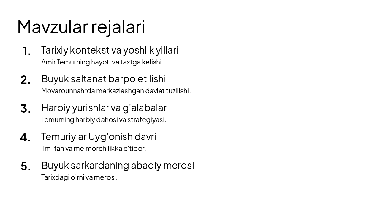 Slide 2 - Mavzular rejalari