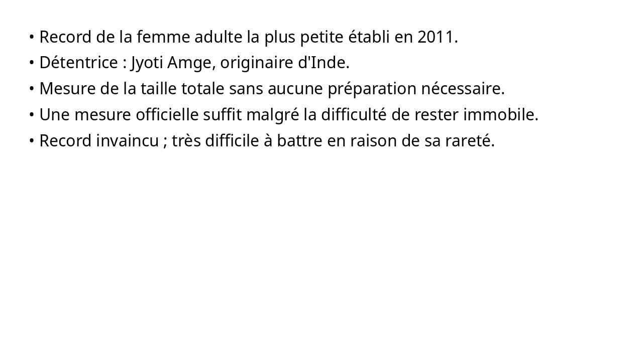 Slide 4 - La femme la plus petite du monde
• Quel est ce record ? La femme adulte la plus petite.
• Quand a-t-il été établi ? 2011.
• Est-ce que ce record a été battu depuis ? Non.
• Qui est le détenteur du record ? Jyoti Amge, d’Inde.
• Explique le concept du record. Mesurer la taille totale de la femme adulte.
• Quelle préparation était nécessaire ? Aucune, c’est sa taille naturelle.
• Combien de tentatives ? Une mesure officielle a suffi.
• Quelles difficultés ? Rester immobile pour la mesure exacte.
• Penses-tu que ce record peut être battu ? Très difficile, car c’est très rare.