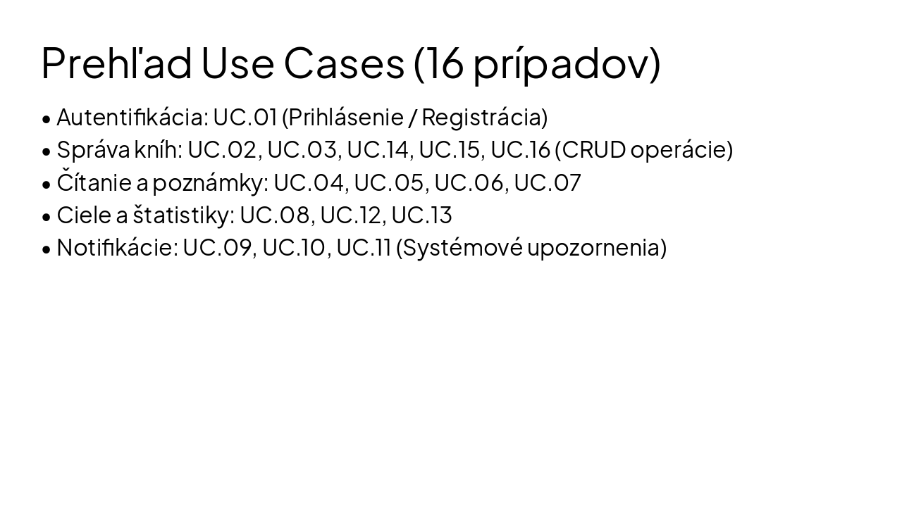 Slide 7 - Prehľad Use Cases (16 prípadov)