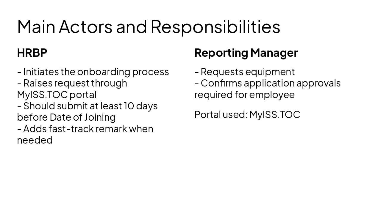 Slide 4 - Main Actors and Responsibilities