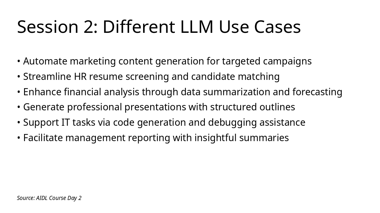 Slide 13 - Session 2: Different LLM Use Cases